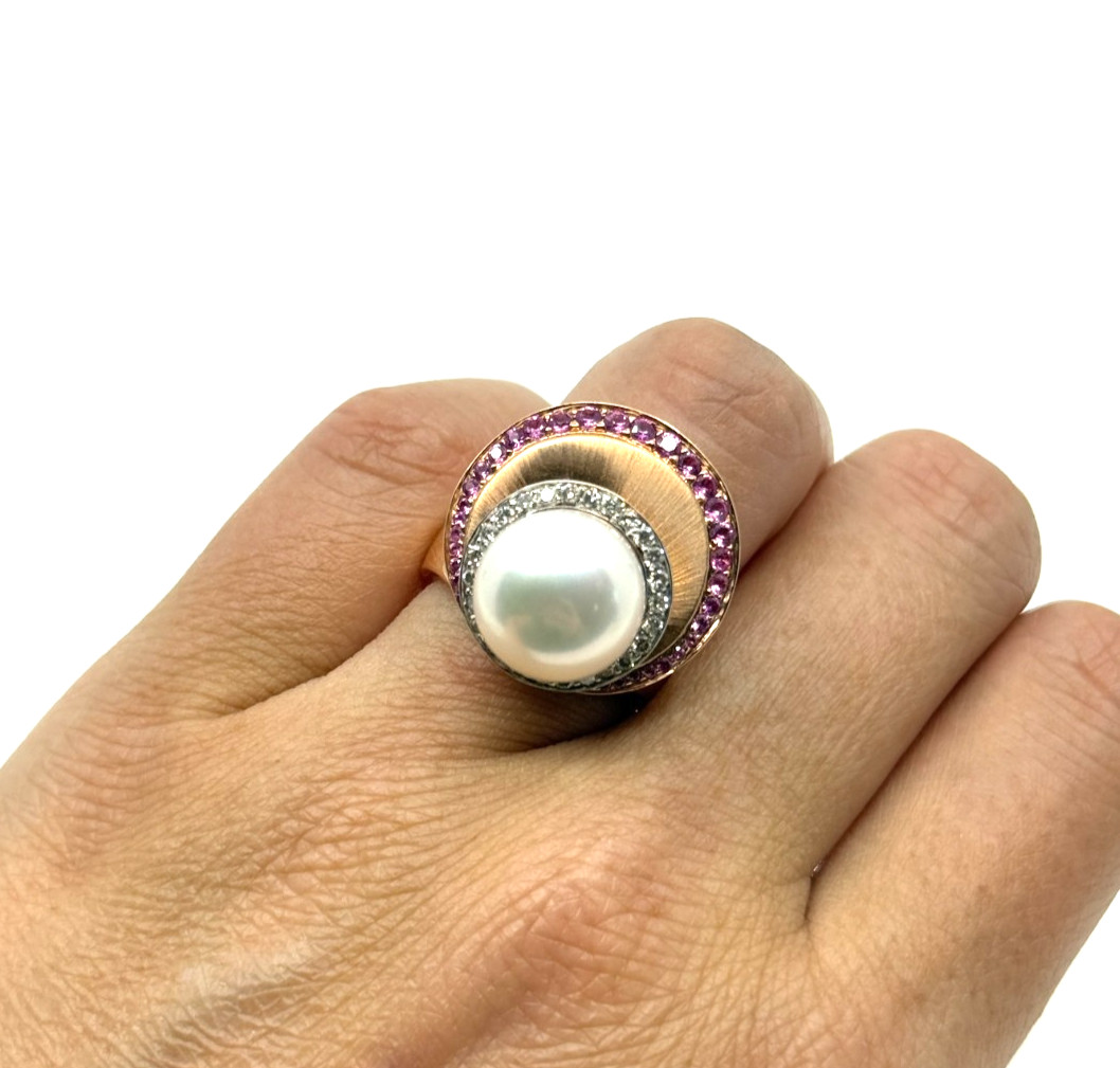 Solid 14K Rose Gold Ruby Natural Diamond Pearl De… - image 1