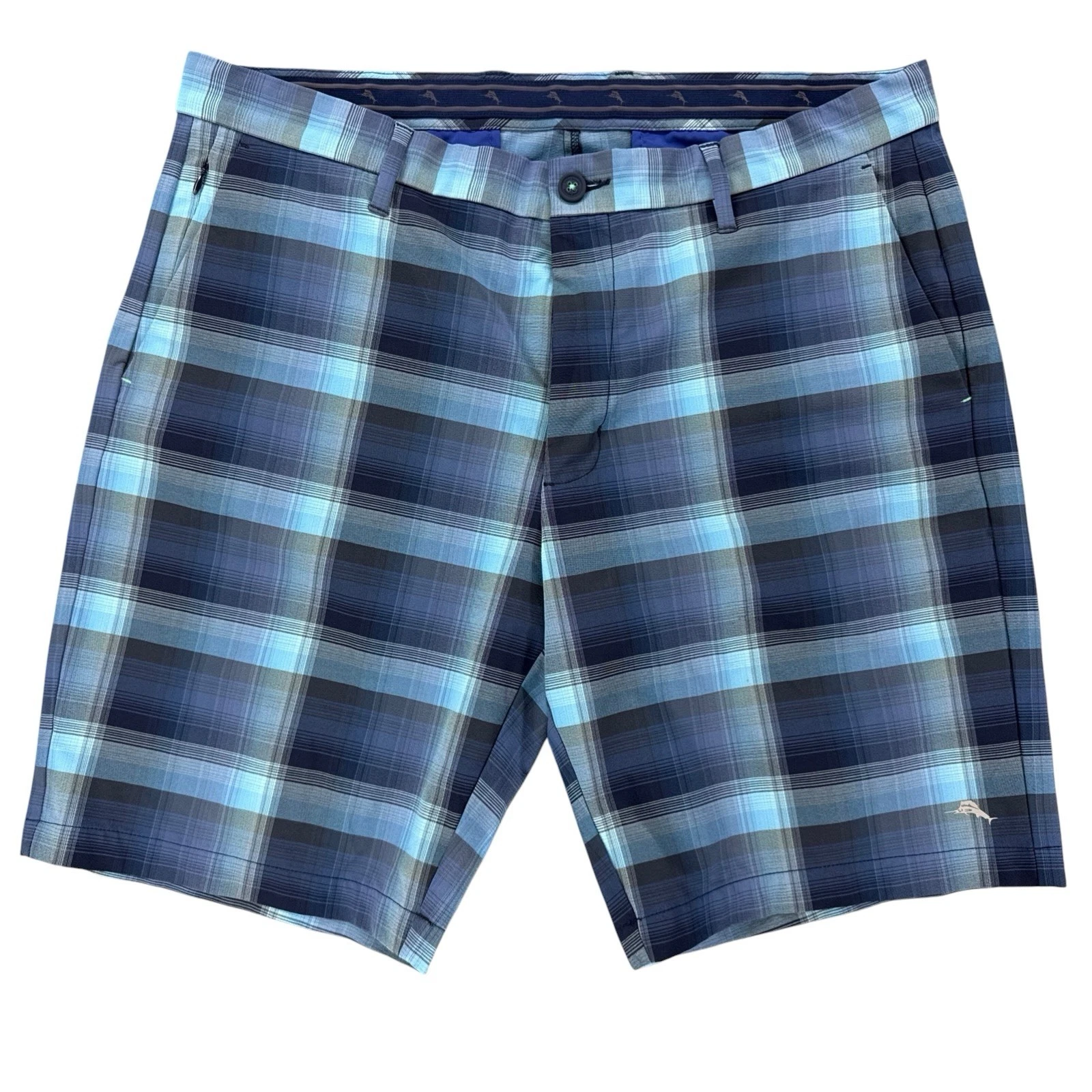 Tommy Bahama Mens Islandzone Plaid Performance Golf Shorts Size 38 Ocean Ombre