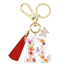 Initial Letter Keychain for Women Tassel Butterfly Pendant Keying Alphabet R