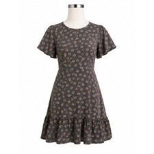 LOFT Gray Floral Print Ruffle Hem Flutter Sleeve Dress - Size M