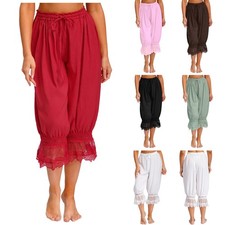 Womens Long Bloomers Victorian Midi Pants Gothic Harem Pants Elastic Waist Lace