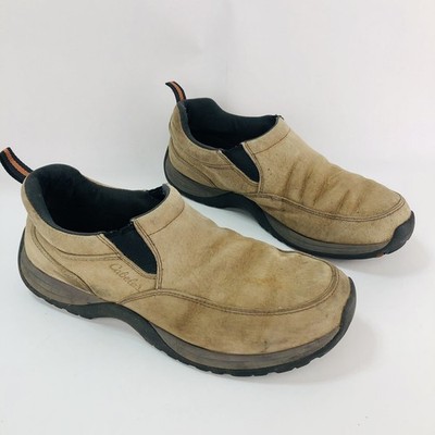Cabelas Mens 10.5 Suede Slip On Shoes Beige Taupe Tan Leather Hiking Comfort