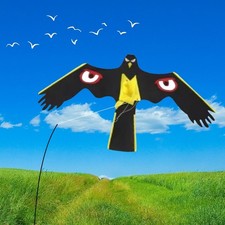 PESTEZE  Black Flying Hawk 46 x 26 Inch Kite with Predator Eyes  13 ft Flagpole