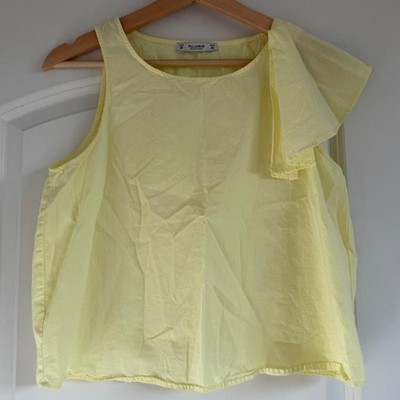 Pull & Bear Yellow Cotton Ruffle Shoulder Blouse Size M