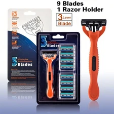 Men's Razor 3-Blades Shaving Safety Razor 1 Handle With 9 Cartridges Refills