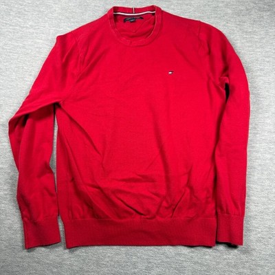 Tommy Hilfiger Sweater Men M Red Crew Neck Embroidered Flag Logo Cotton Knit