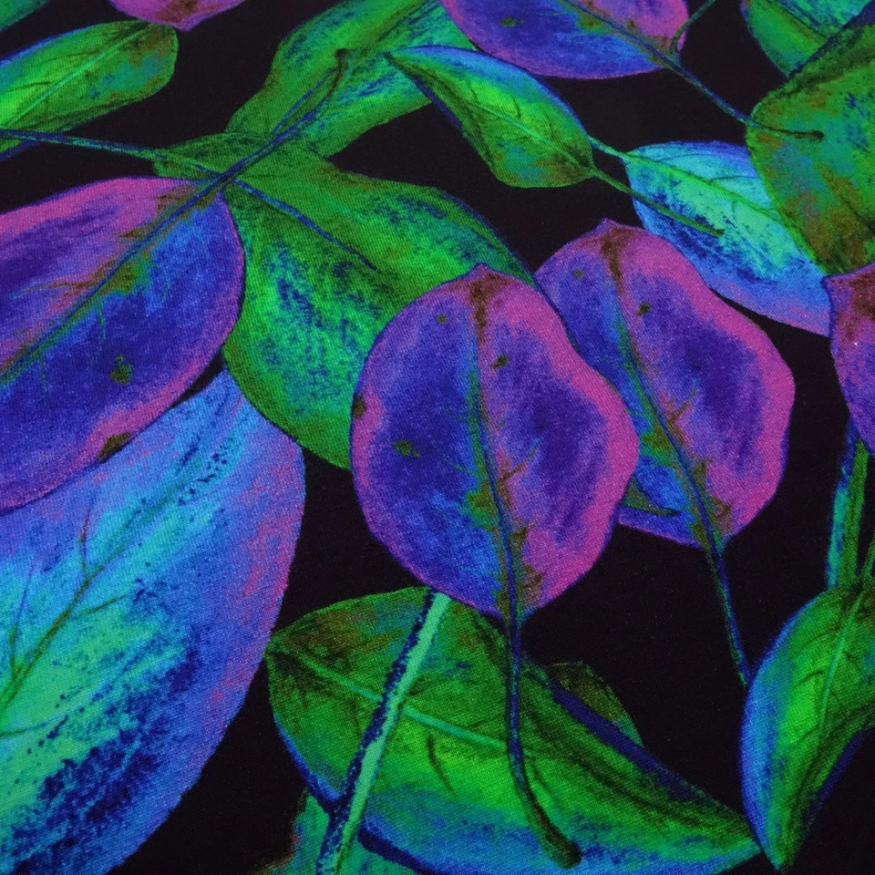 Stoff Viskose Jersey Blätter Herbst Design schwarz grün lila blau Kleiderstoff - Bild 3 von 4