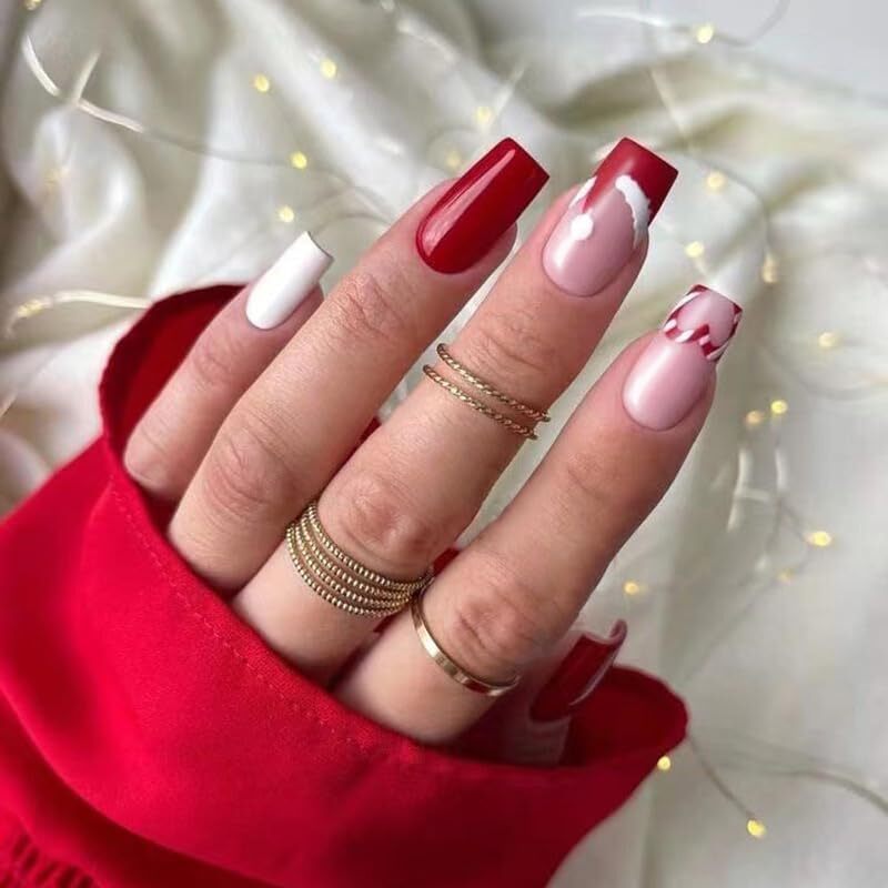 Festive Medium-Length Acrylic Coffin Press-On Christmas Nails-image