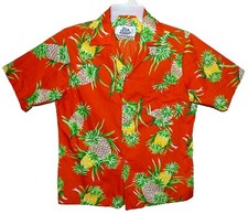 Vin 60's-70's Sz L Hilo Hattie's Hawaiian Aloha Shirt Tropical Pineapples Red