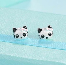 Tiny 3D Panda With Pink Bow Silver SP White Black Stud Earring