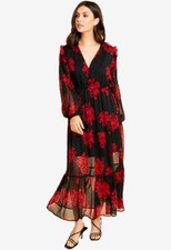 Womens Black Red Bold Floral Tiered Balloon Sleeves Maxi Evening Party Tea Dress