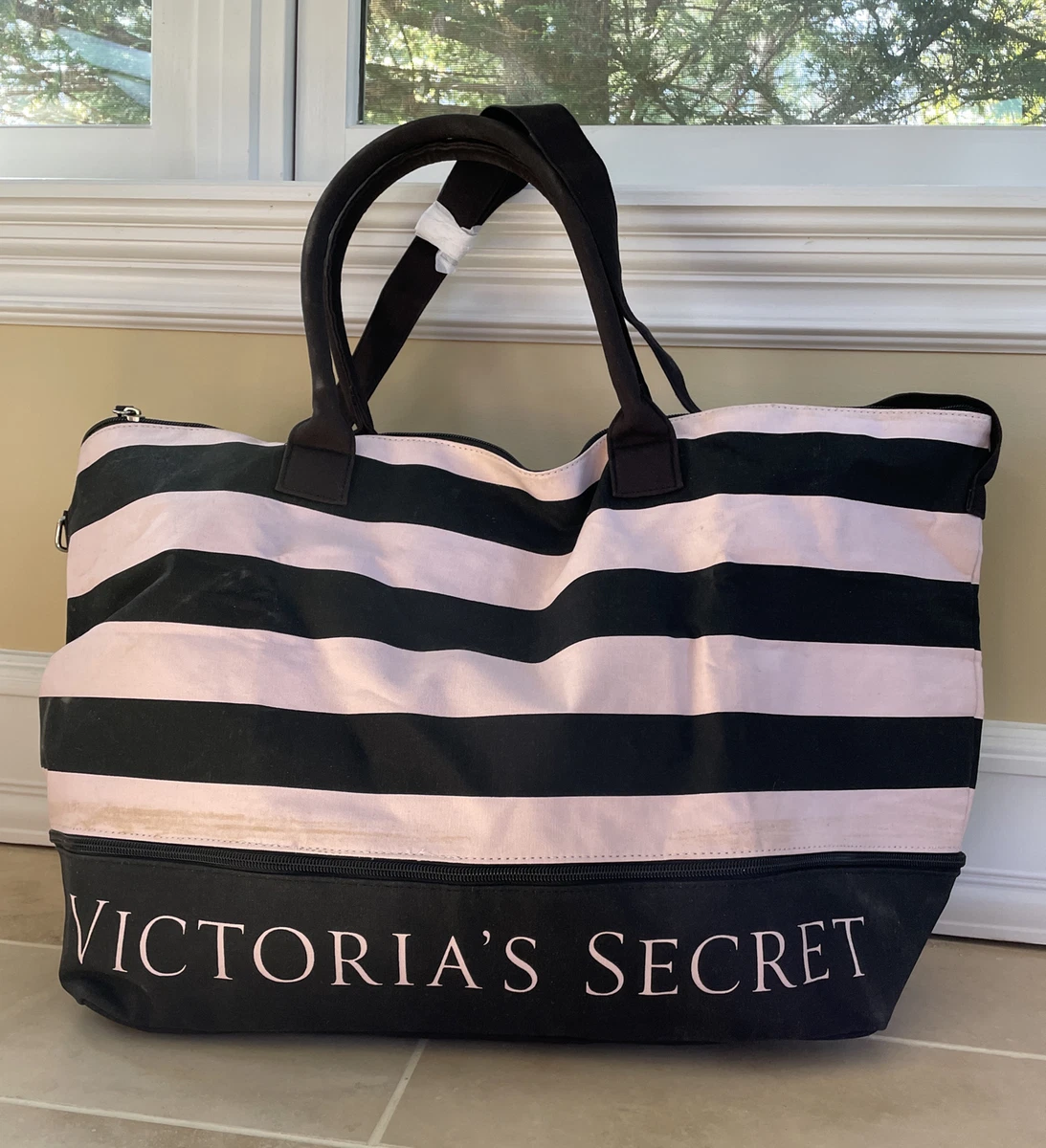 Victoria's Secret Expandable Weekender Tote Bag Pink/Black Stripe Shoulder  Strap