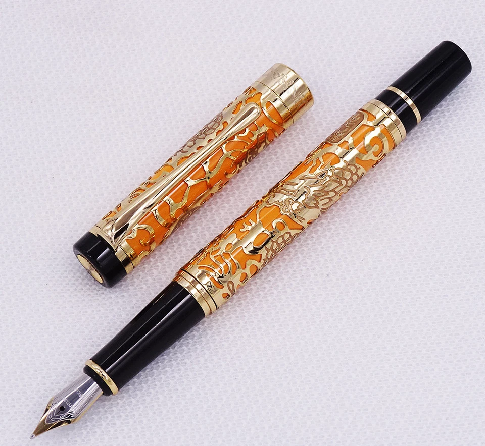 Pluma Estilográfica Jinhao Dragón Textura Talla F Plumín Pluma de Escritura (Naranja y Dorado) Foto 3 de 4