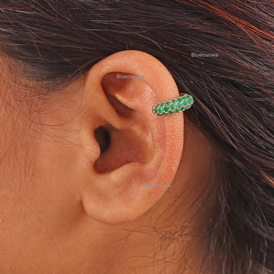 Solid 14K Gold Real Emerald Gemstone Dainty Non Pricing Cuff Earring- Single New - Image 3 of 4