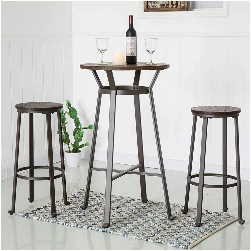 Glitzhome Rustic Steel Elm Round Wood Top Pub Bistro Dining Table