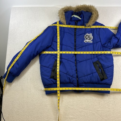 Apple Bottom Woman SZ:2x Blue Puffer Hooded Faux Fur Parka Y2K Bling Logo Retro - Picture 4 of 10