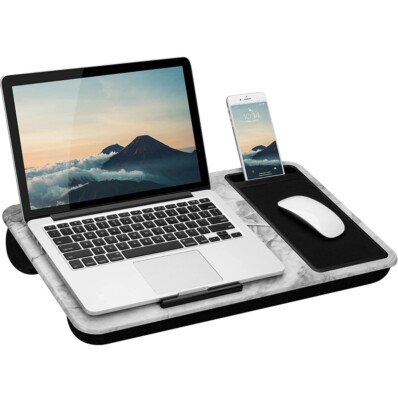 Home Office Lap desk with Device Ledge, Mouse Pad, and phone holder-White Marble