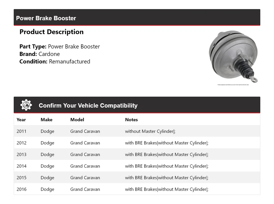 Para 2011-2016 Dodge Grand Caravan Power Brake Booster Cardone 2012 2013 2014 - Imagem 2 de 3