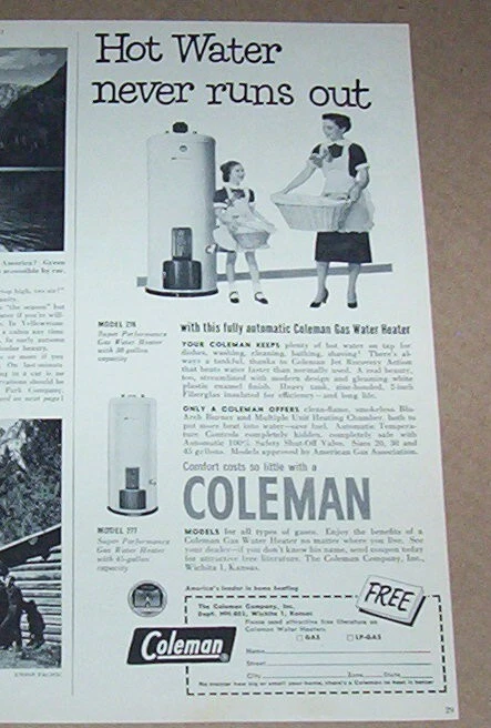 1952 print ad - Coleman gas hot water heaters Little Girl mother family  laundry | eBay