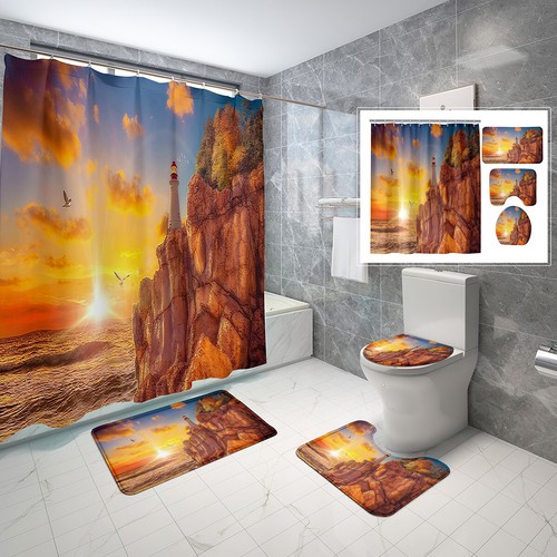 Lighthouse Sunrise Shower Curtain Set Bathroom Rug Thick Bath Mat Lid Cover Gift - Picture 16 of 37
