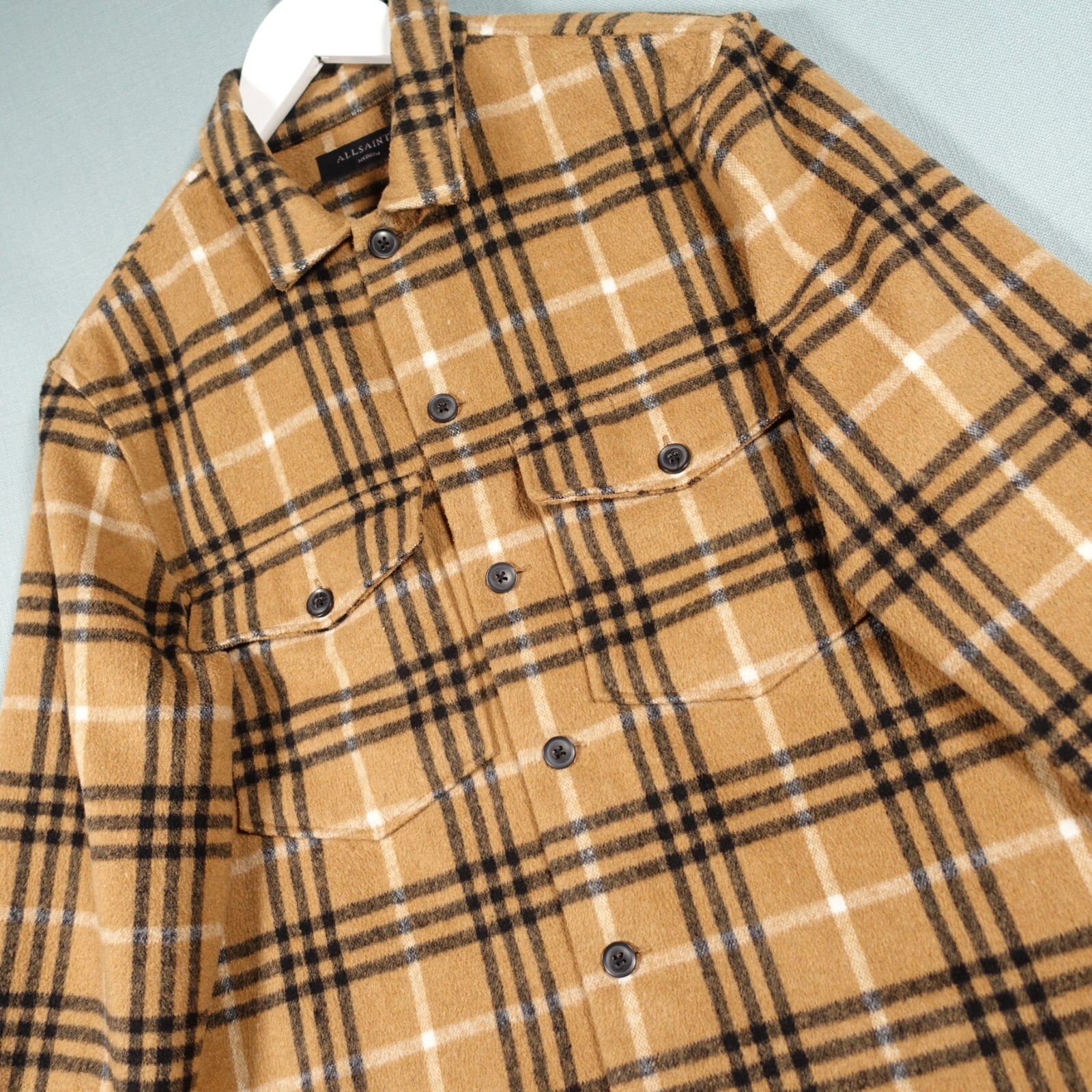 AllSaints Flannel Shirt Mens Medium Brown Tan Black Plaid Overshirt Button Up-image