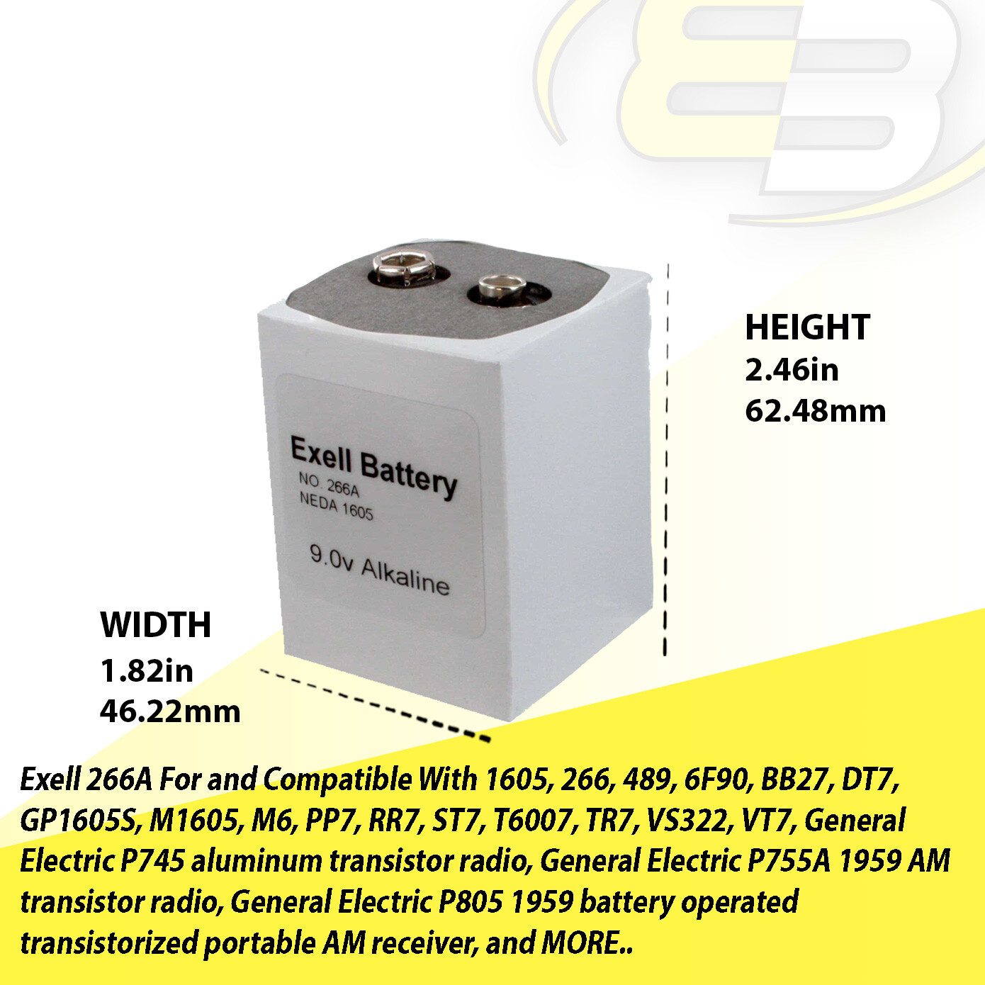 Exell 266 9V Alkaline Battery NEDA 1605, PP7,TR7 Compatible With