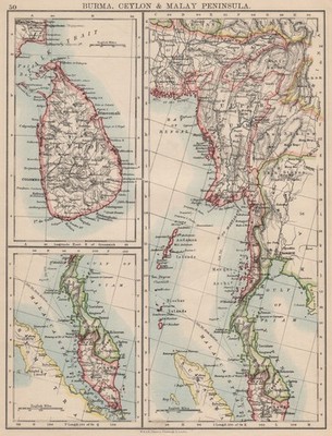 BURMA CEYLON SIAM MALAIISCHE HALBINSEL. Assam Singapur Thailand 1895 alte Karte