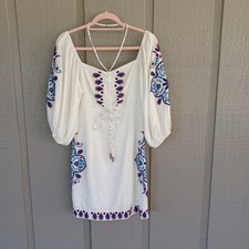 Farm Rio Embroidered Mini Dress Size S Women Boho Linen Blend Puff Sleeve Tassel