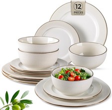 Ceramic Dinnerware Sets 12 pcs Embossed Elegant Stoneware Plates and Bowls Sets