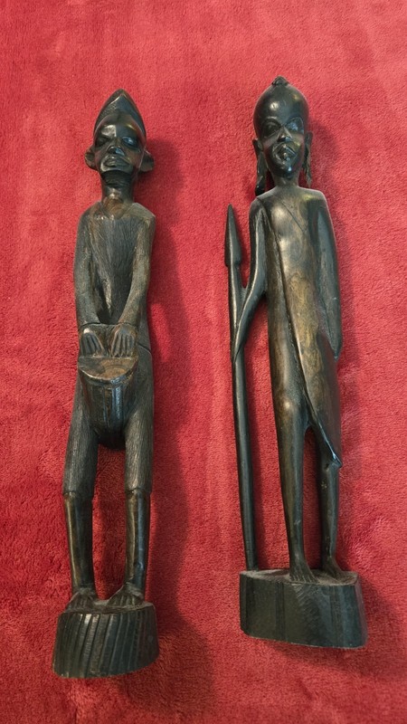 Pair Hand Carved African Tribal Wood Figures 12" Folk Art Decor