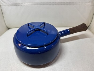 Dansk Kobenstyle Blue Enamel Fondue/Sauce Pan Cross Lid Teak Wood