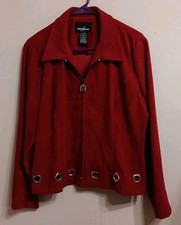 Positive Attitude Women Sz 14 Velvet Like Red Jacket Blazer Top Zip Up Dry Clean