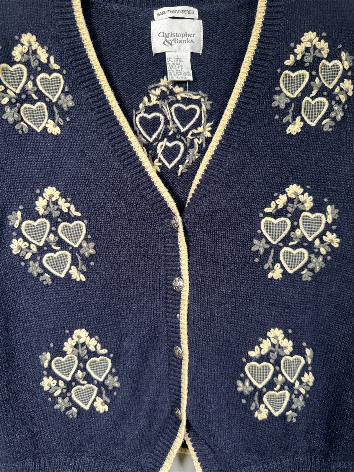 VTG Christopher Banks Sweater Vest L Hand Knitted Hearts Embroidered Granny Core