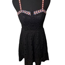 Xhilaration Black Eyelet Lace Pattern Dress with Blue and Red Accents