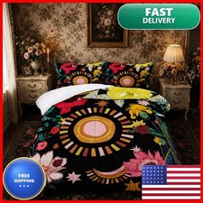 Nttopship 3 Pieces Black Boho Floral Comforter Set,Paisley Bedding Set Full