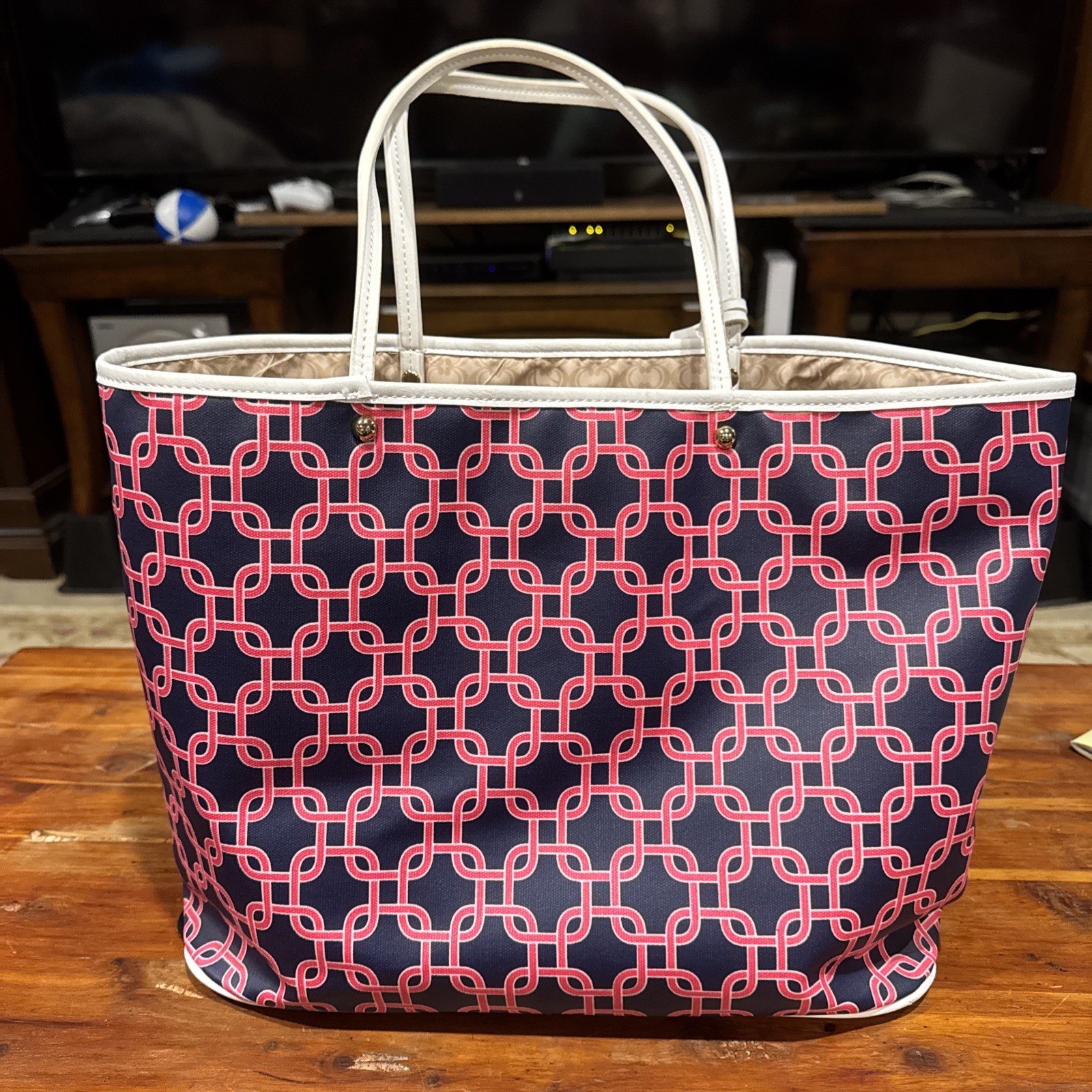 Charming Charlie Blue Pink Tote Bag with White Handles Excellent Condition