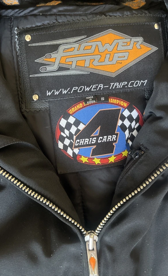 Chaqueta de motocicleta Power Trip Chris Carr #4 para hombre pequeña CE armadura negra EE. UU. Foto 2 de 4