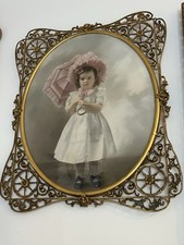 Antique Hand Tinted Portrait Photo Little Girl in Ornate Gilt Oval Frame 22x18&rdquo;