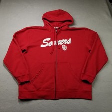 Oklahoma Sooners Hoodie Mens Size L Red Full Zip Majestic Script Spell Out