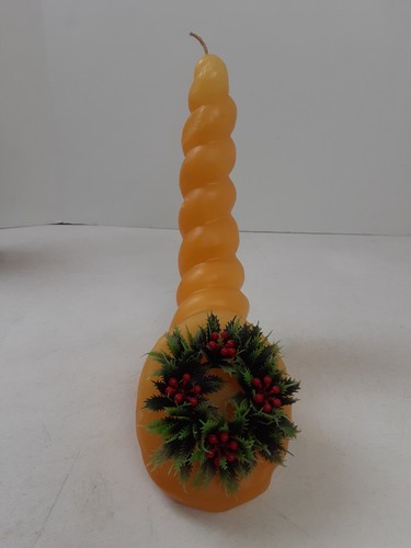 Grande candela vintage in cera di Cornucopia con corona di bacche di agrifoglio 9,5" RARA anni 60-70 - Foto 2 di 13