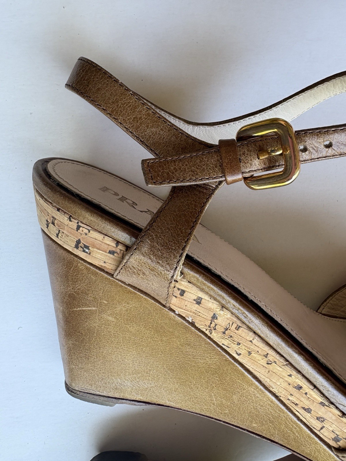 Prada Wedge Sandals Open Toe Ankle Strap Brown Leather Sz EUR 38 thumbnail 14