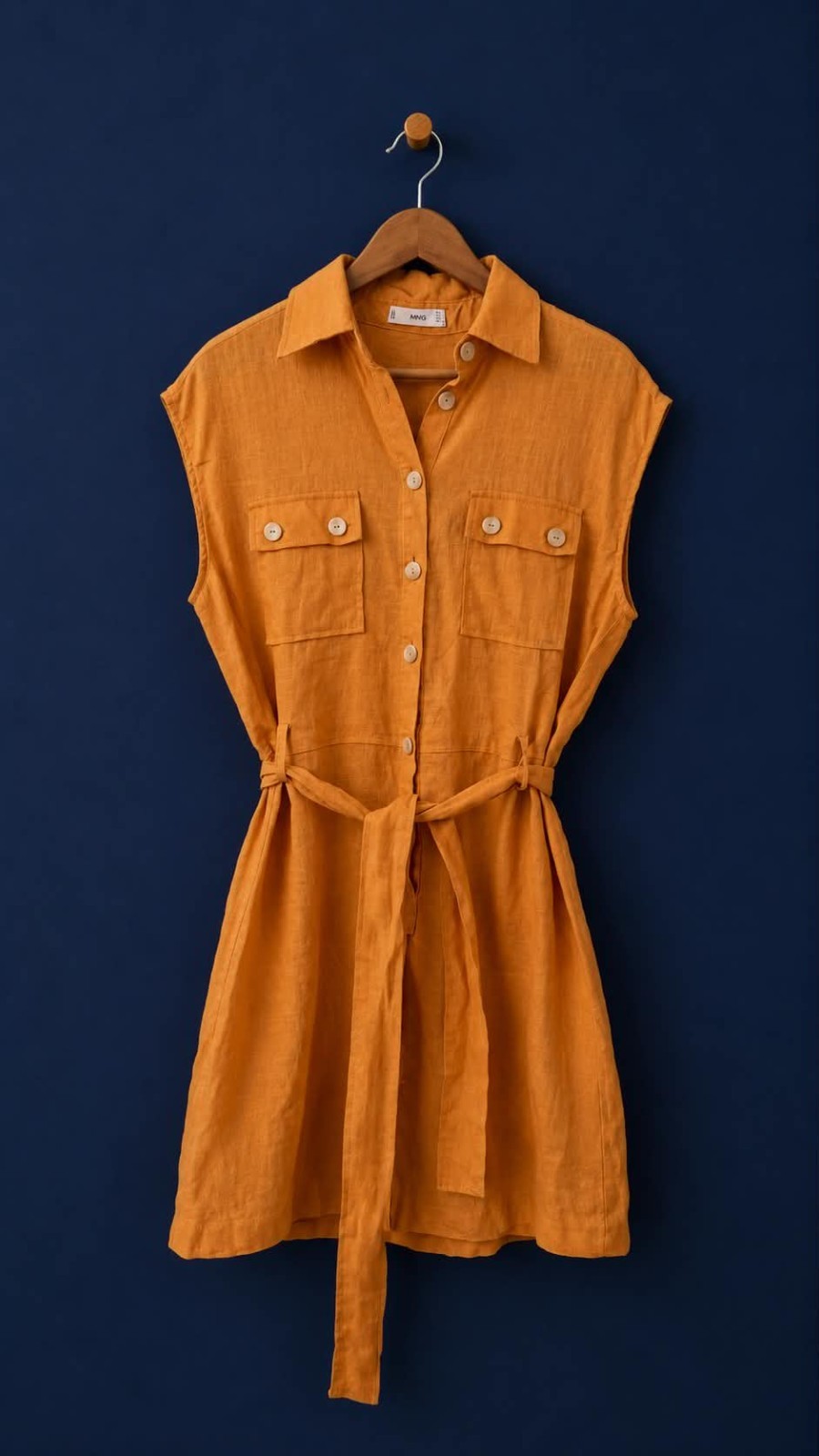 Mango Linen Shirt Dress Orange Sleeveless Belted Utility Pockets Size M