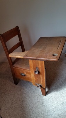 Antique Solid Oak Country School Child Desk Pullout Drawer Inkwell
