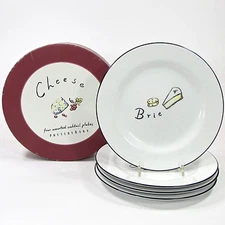 Pottery Barn CHEESE 7-3/4" Cocktail Plate Set 4Pc Brie Gouda Stilton Camembert 