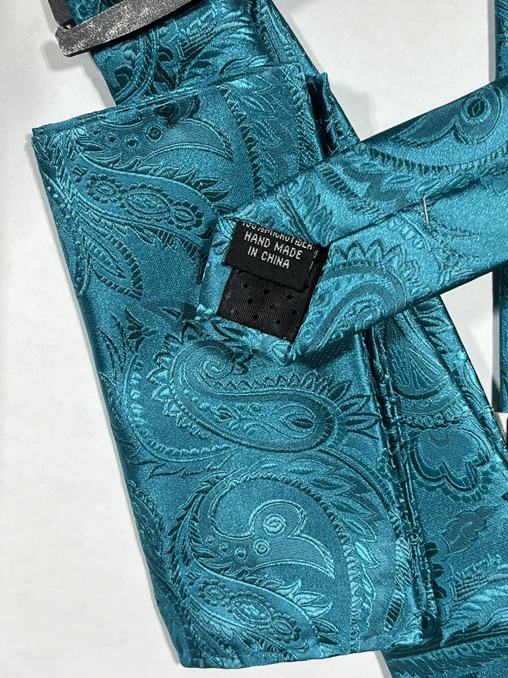 Mens Stacy Adams Teal Blue Paisley Pattern Tie With Matching Pocket Square NEW - Image 2 of 3