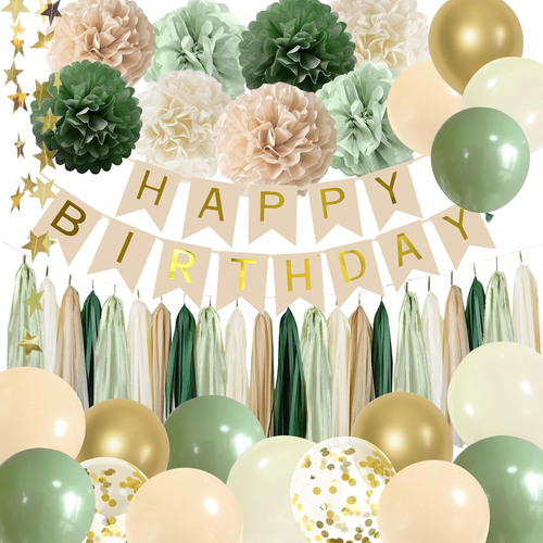 Sage Green Birthday Party Decorations with Birthday Banner,Tissue Tassels Paper