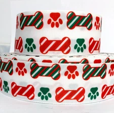 GROSGRAIN RIBBON 5/8", 7/8",1.5", 3" Christmas Dog Bones Paw Prints Printed  