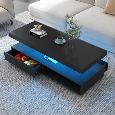LED Coffee Table with Storage, 2 Drawers & Display Shelves, Modern Center Table