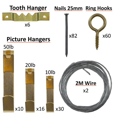 206Pc Picture Hanging Frame Kit 10lb 20lb 50lb Brass Ring Hanger Wire Nails  Tool UK