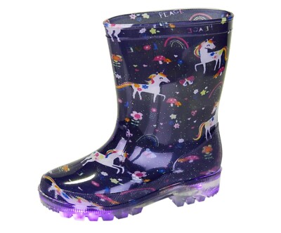 GIRLS UNICORN LIGHT UP WELLIES NAVY WELLINGTON BOOTS RAIN WELLYS
